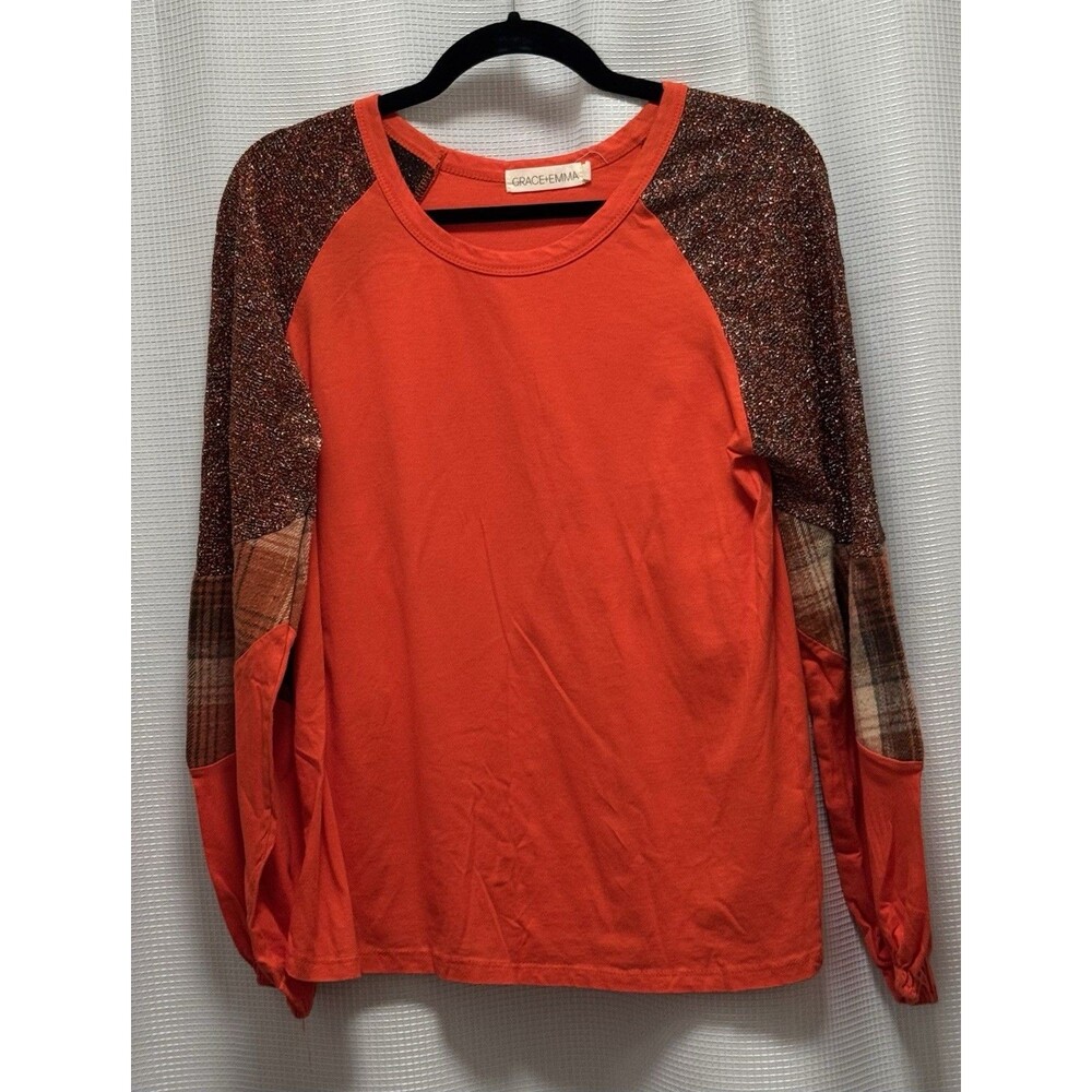 Grace + Emma Women’s Medium Orange Mixed Media Top Glitter Plaid Long Sleeve